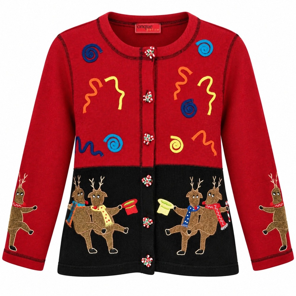 Vtg Onque Petite Twee Ugly Christmas Cardigan Women PS Festive Reindeer Kitsch